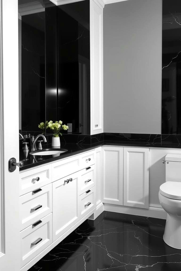 Black Countertops with Glossy White Vanity - 24 bathroom with black countertops ideas