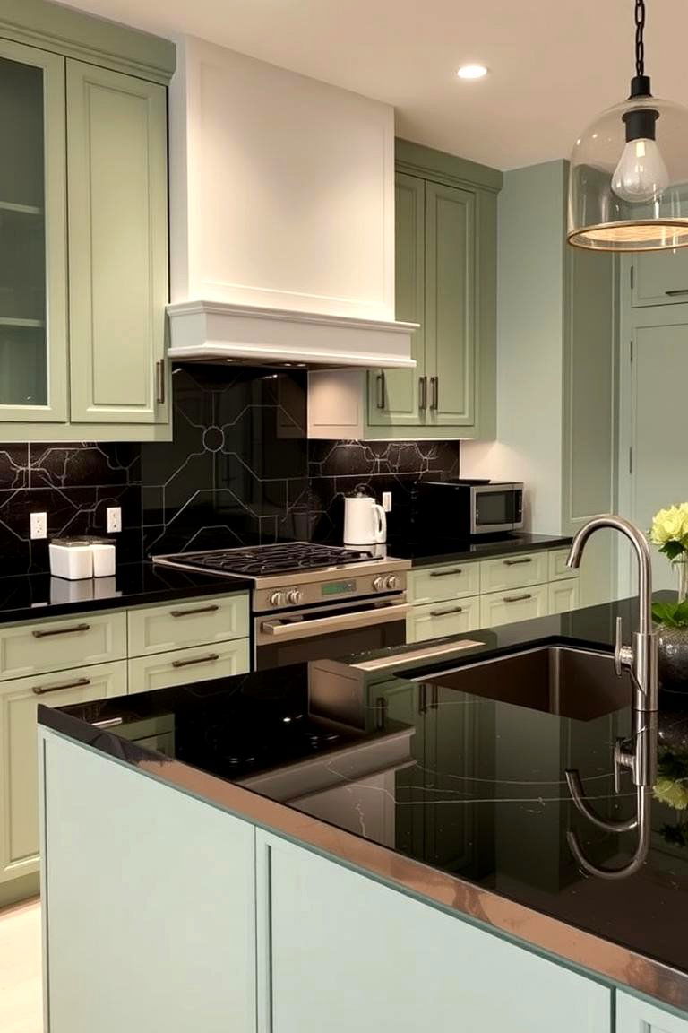 Black Countertops with Sage Green Accents - 24 Sage Green and Black Kitchen Ideas