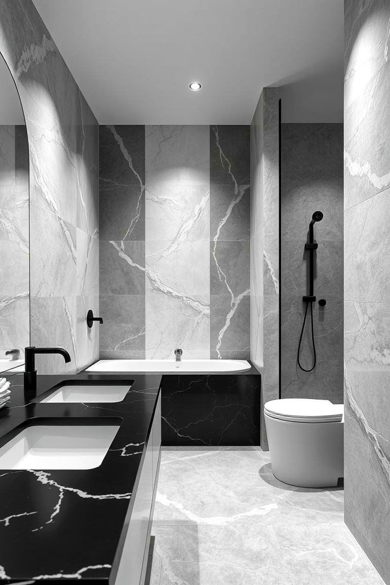 Black Countertops with White and Gray Textures - 24 bathroom with black countertops ideas