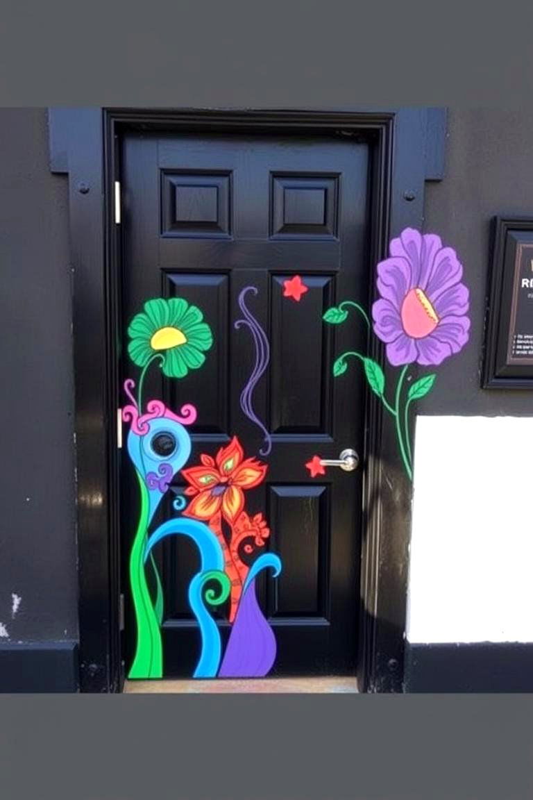 Black Door with Custom Artwork - 24 Black Front Door Ideas