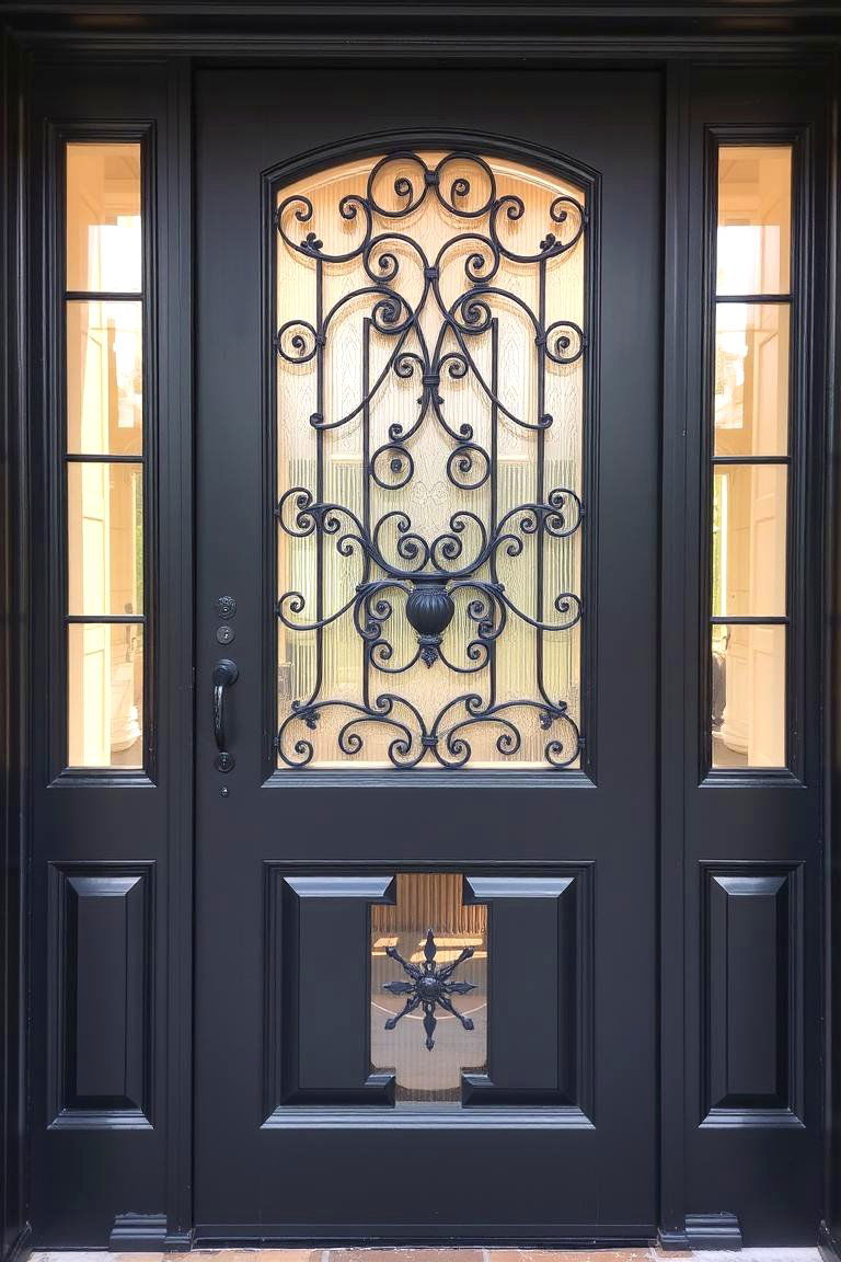 Black Door with Glass Panels and Grille - 24 Black Front Door Ideas