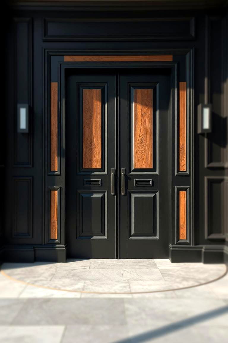 Black Door with Wooden Inlays - 24 Black Front Door Ideas