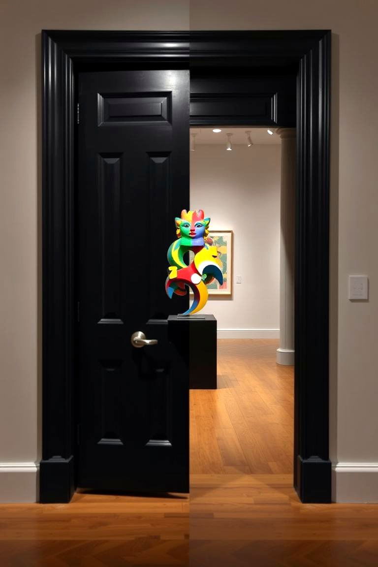 Black Doors as Canvases for Rotating Art Installations - 24 White House Ideas With Black Doors