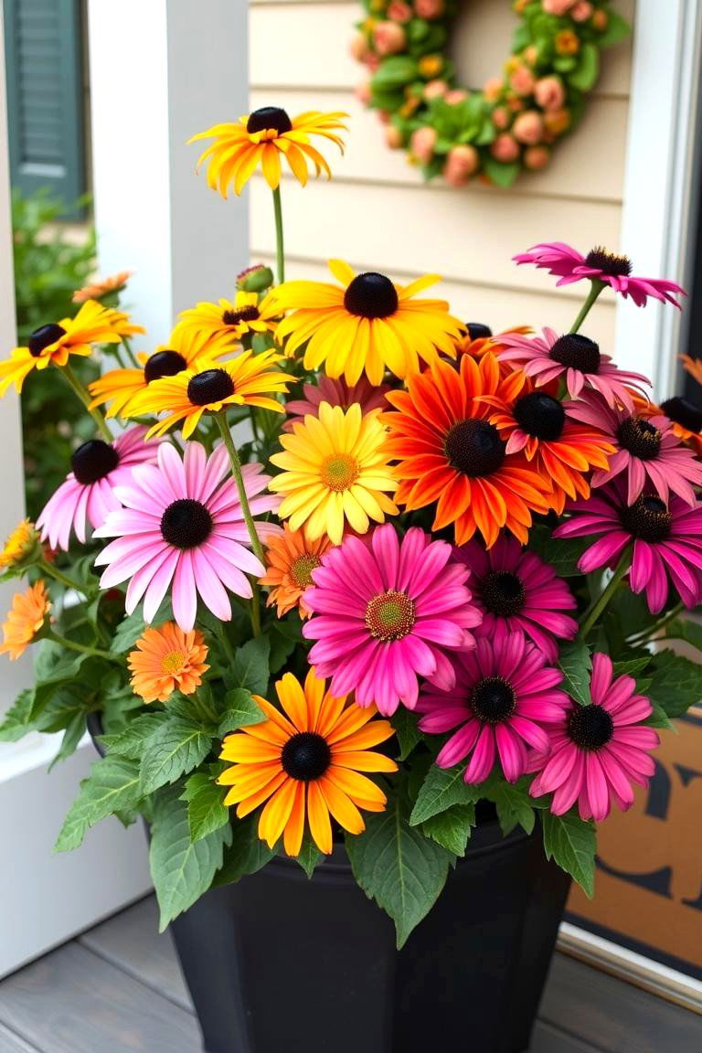 Black Eyed Susan and Zinnias Arrangement - 24 Fall Planter Ideas