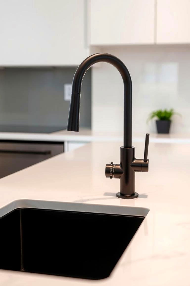 Black Faucet and Sink in a White Countertop - 24 White Kitchen with Black Appliances Ideas