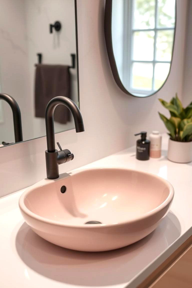Black Faucet on a Pink Sink - 24 Pink and Black Bathroom Ideas