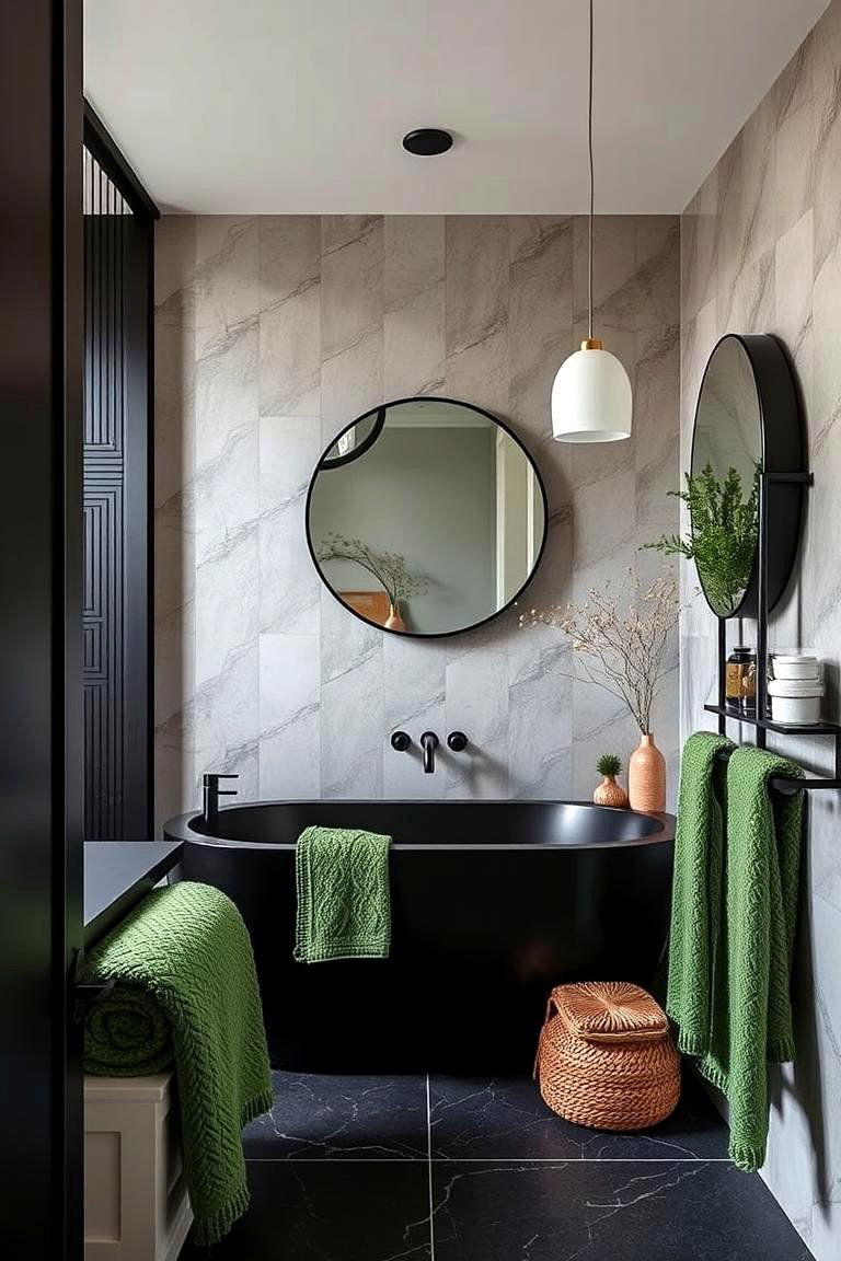 Black Fixtures Paired with Lush Green Textiles - 24 Black and Green Bathroom Ideas