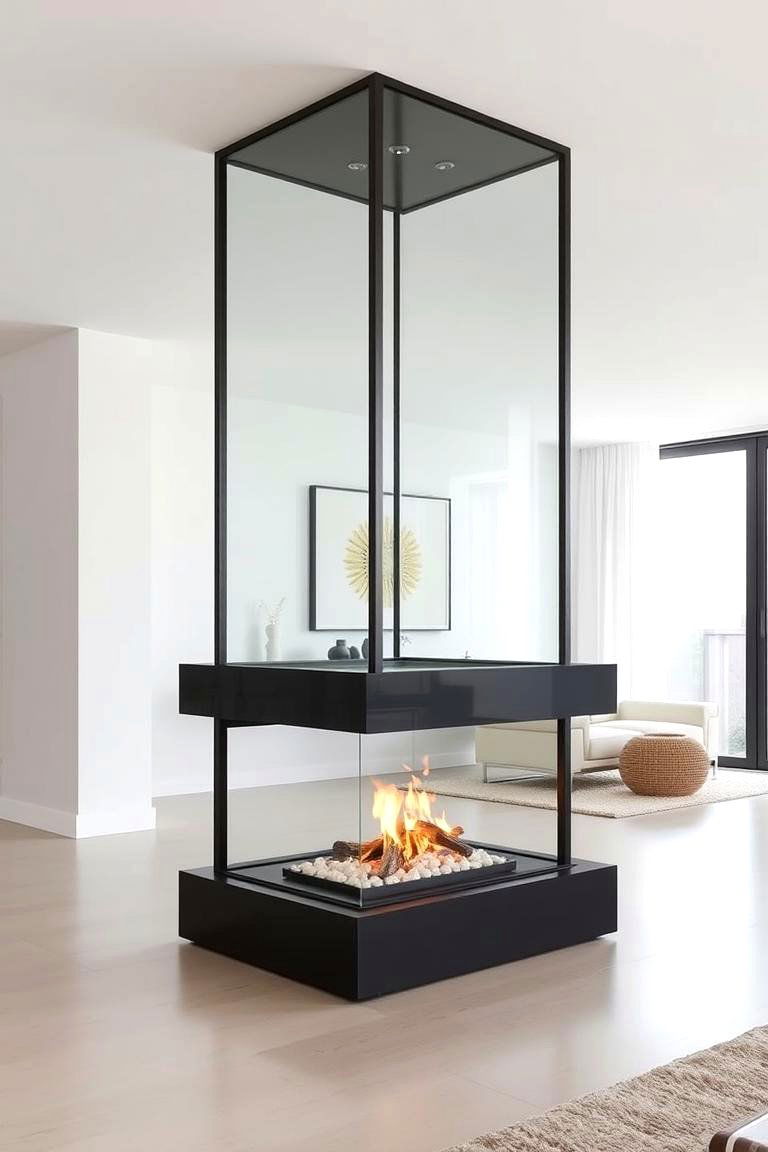 Black Frame Glass Fireplace - 24 Floor to Ceiling Fireplace Ideas