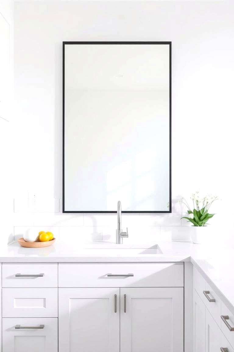 Black Framed Mirror as a Backsplash Alternative - 24 White Kitchen with Black Appliances Ideas