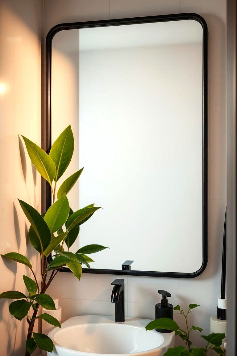 Black Framed Mirrors and Green Plants - 24 Black and Green Bathroom Ideas