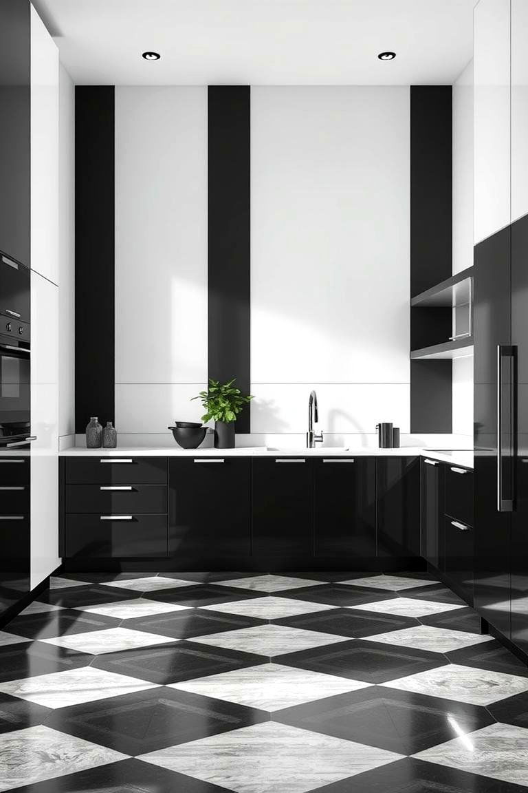 Black Geometric Patterned Flooring - 24 Black Floor Kitchen Ideas