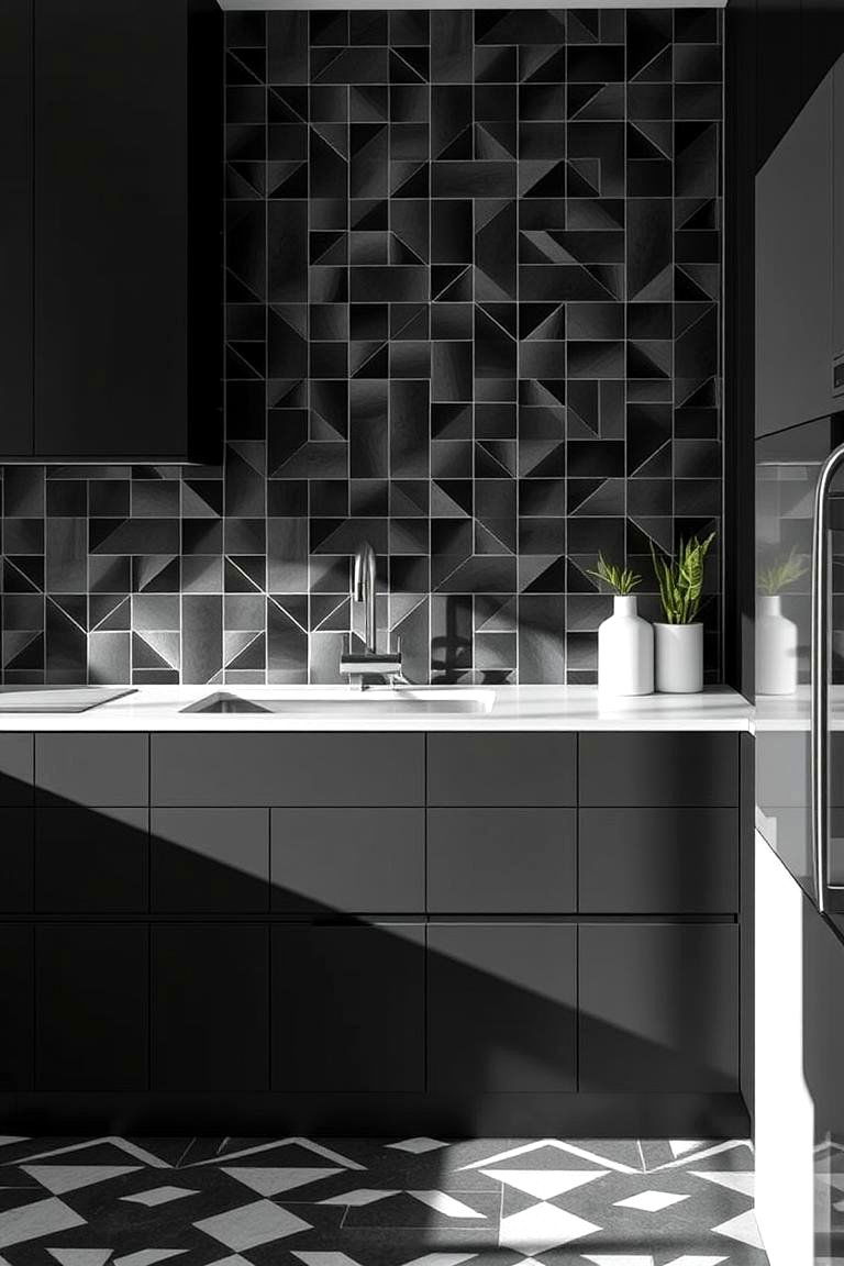 Black Geometric Patterned Tiles - 24 Black Kitchen Floor Ideas