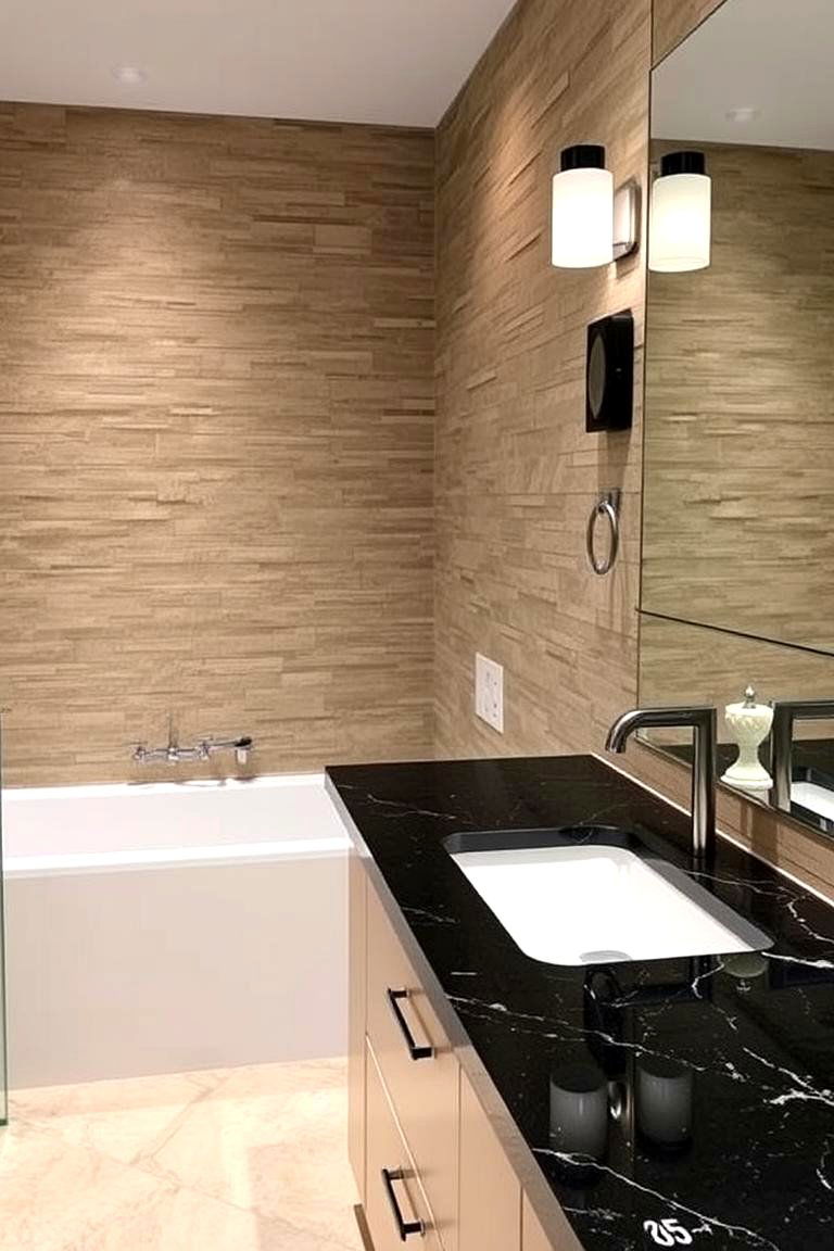 Black Granite Countertop with Natural Stone Walls - 24 bathroom with black countertops ideas