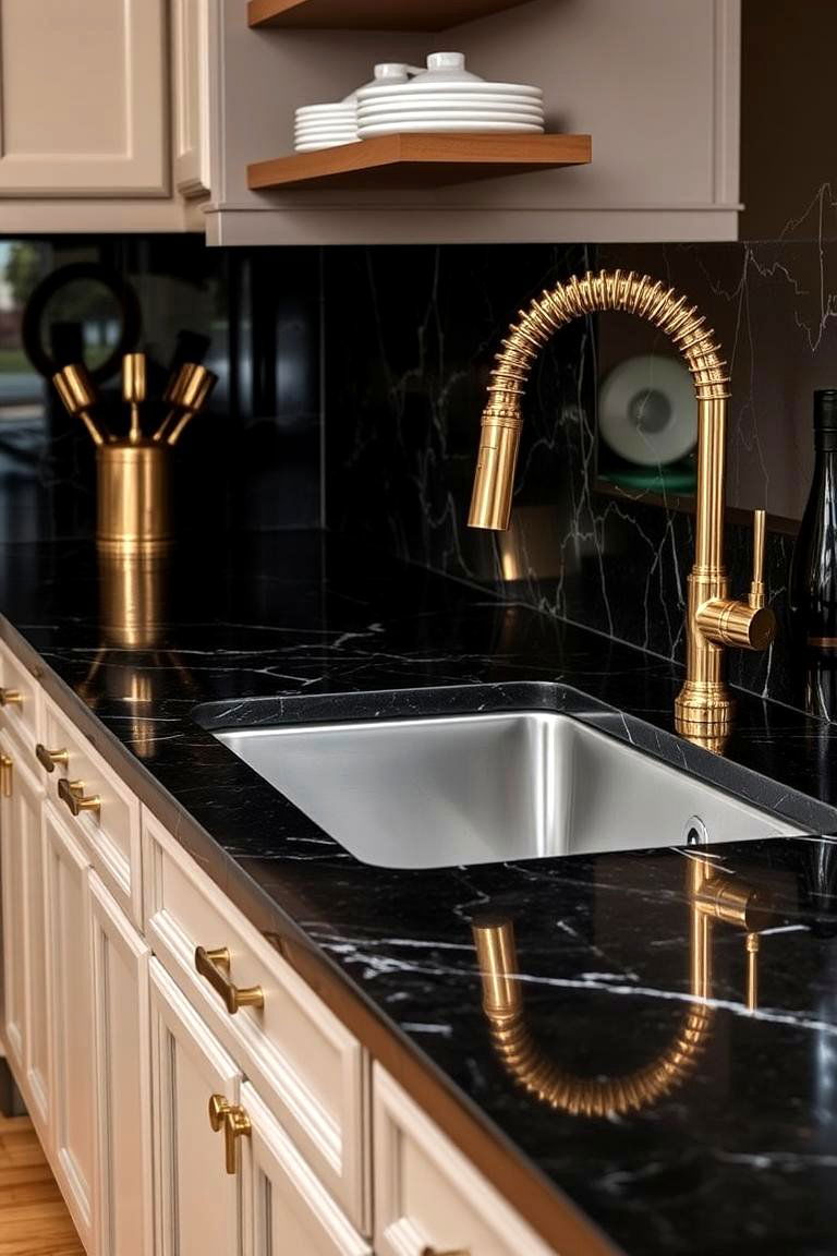 Black Granite Countertops with Gold Fixtures - 24 Black and Gold Kitchen Ideas