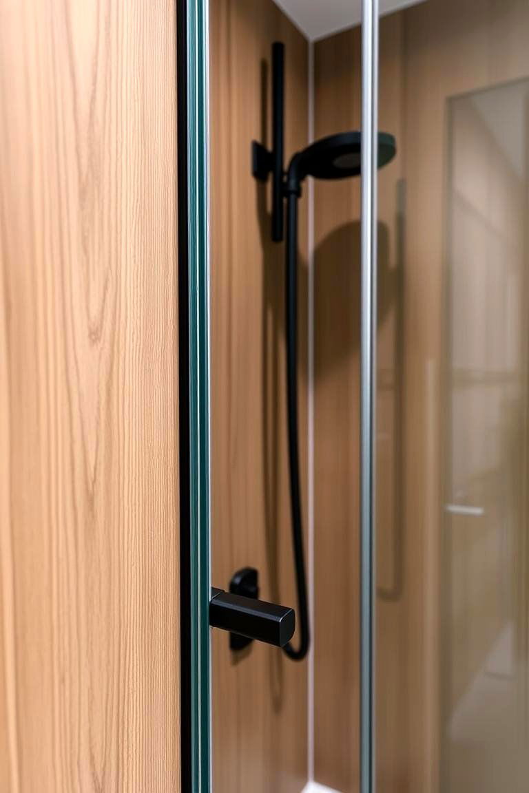 Black Hardware on Custom Wood Shower Enclosure - 24 Black and Wood Bathroom Ideas