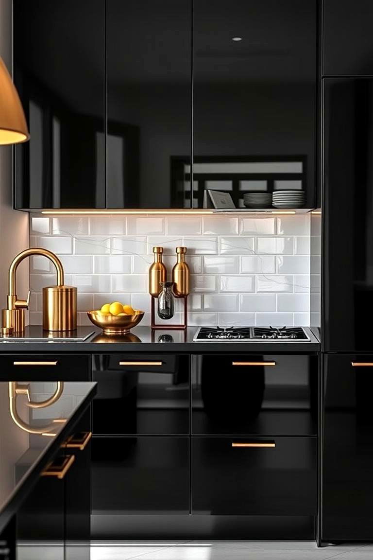 Black High Gloss Cabinets with Gold Accents - 24 Black and Gold Kitchen Ideas