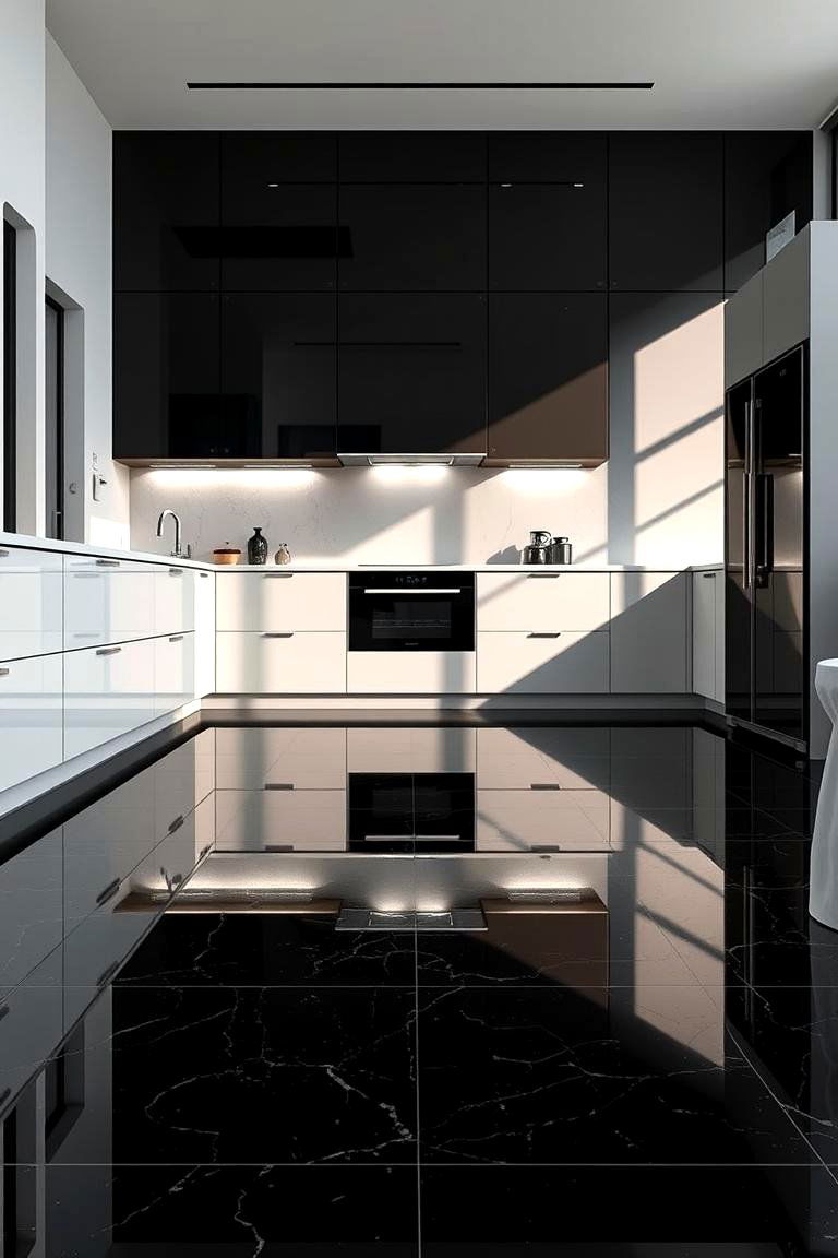 Black High Gloss Resin Flooring - 24 Black Kitchen Floor Ideas
