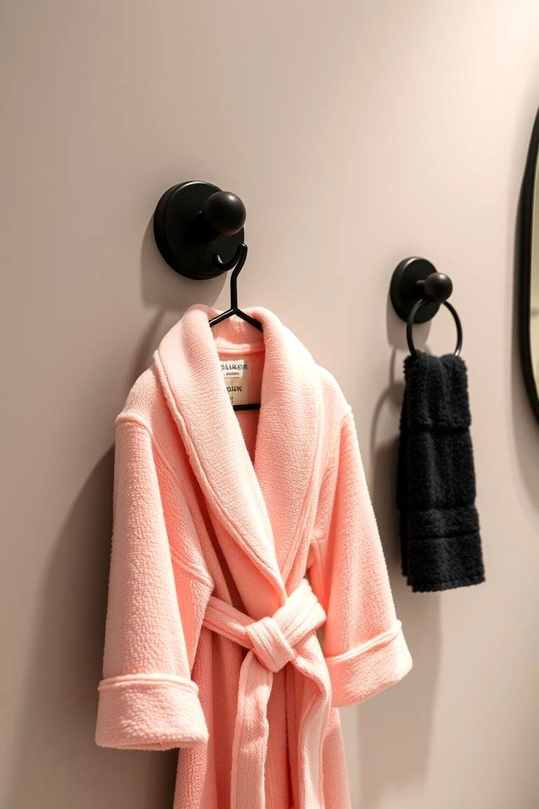 Black Hooks with Pink Bathrobes - 24 Pink and Black Bathroom Ideas