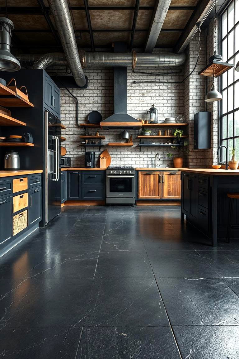 Black Industrial Chic Floor - 24 Black Floor Kitchen Ideas