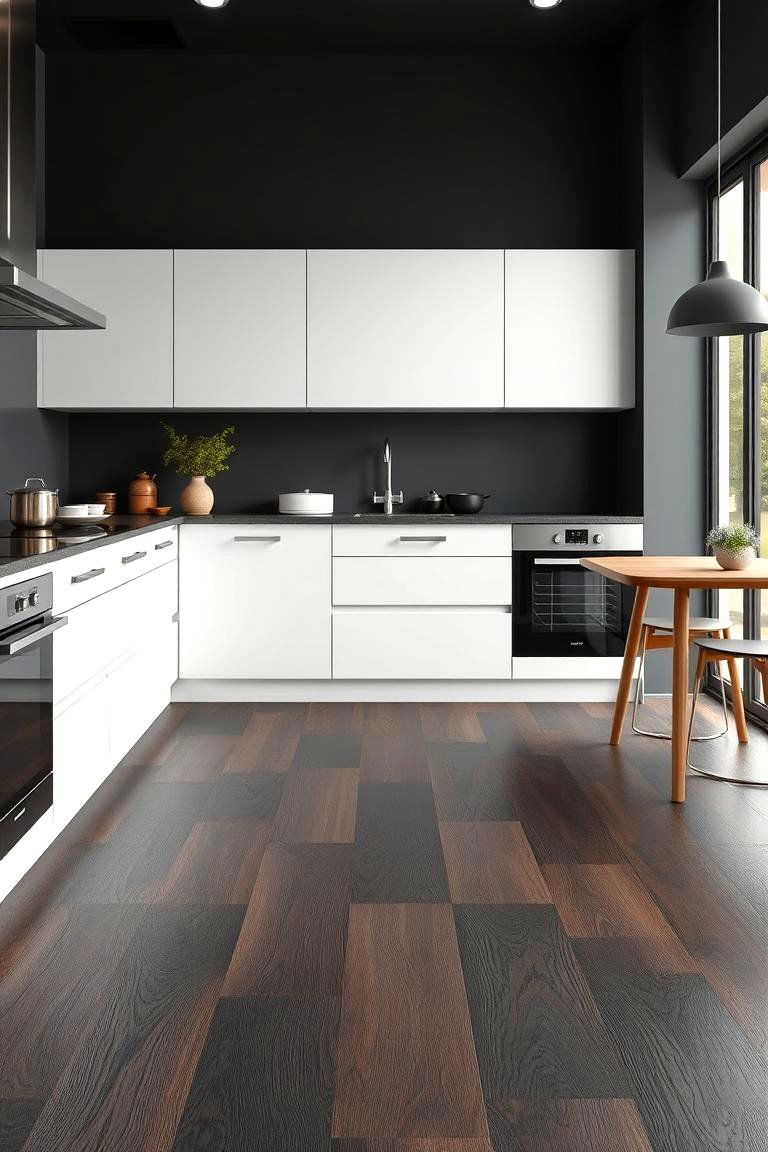 Black Laminate Flooring with Wood Effect - 24 Black Kitchen Floor Ideas
