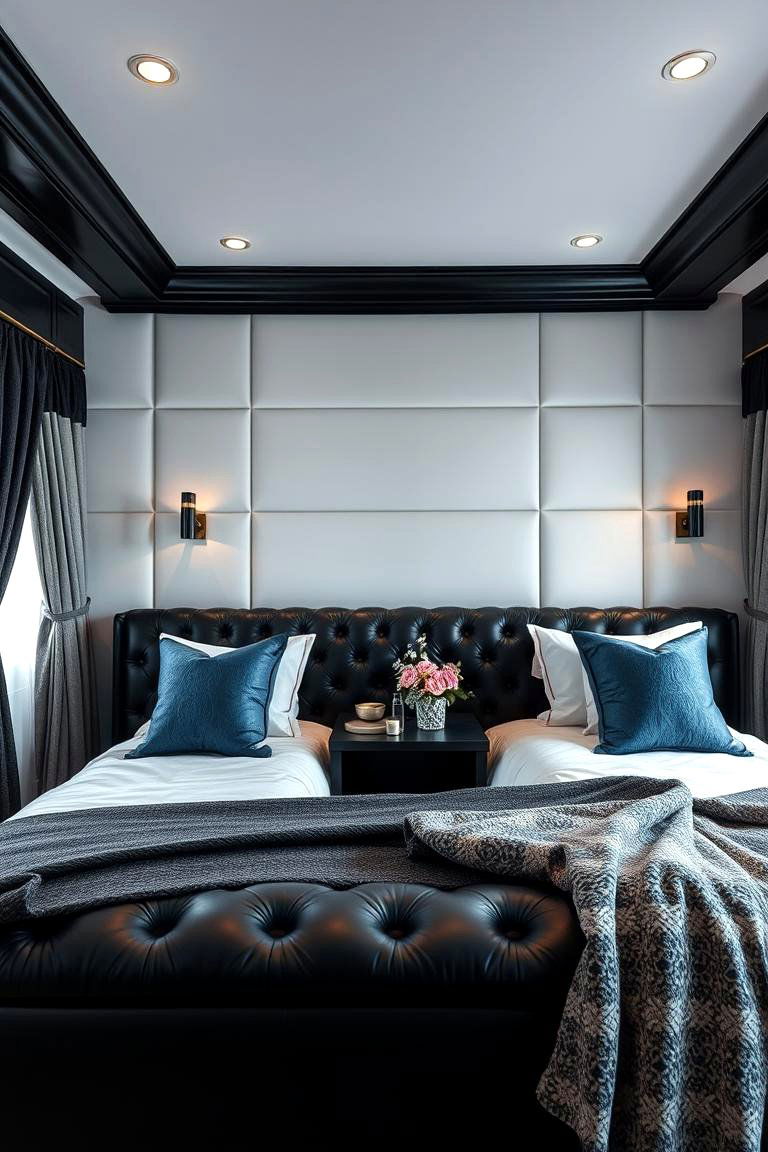 Black Leather Detailing with Soft Blue Cushions - 24 Black and Blue Bedroom Ideas