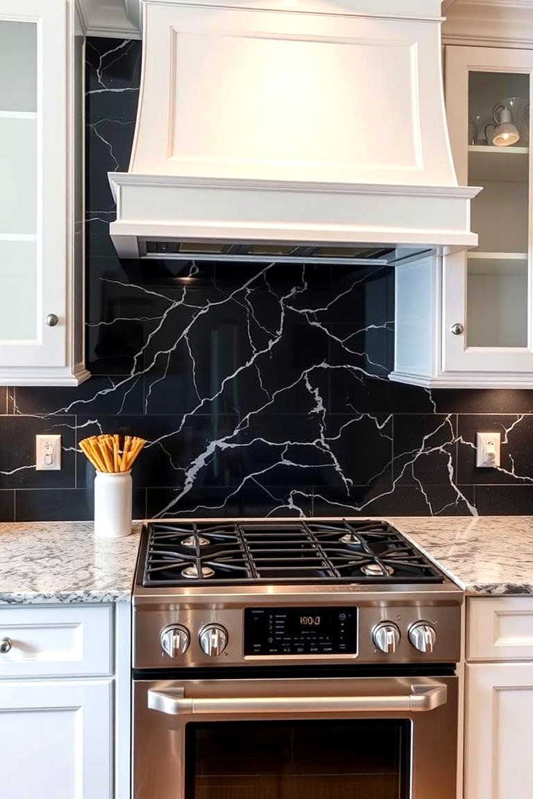 Black Marble Backsplash - 24 Backsplash Ideas for White Cabinets and Granite Countertops