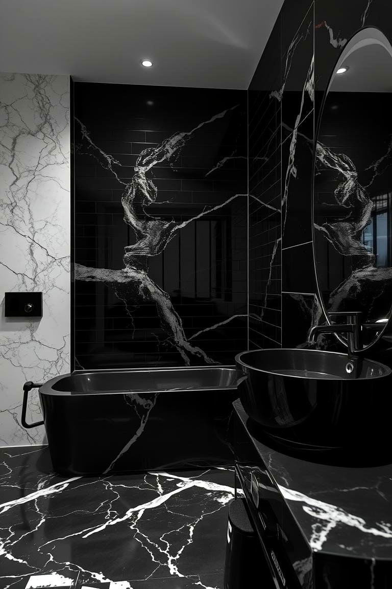 Black Marble Tile Fusion - 24 Black Tile Bathroom Ideas