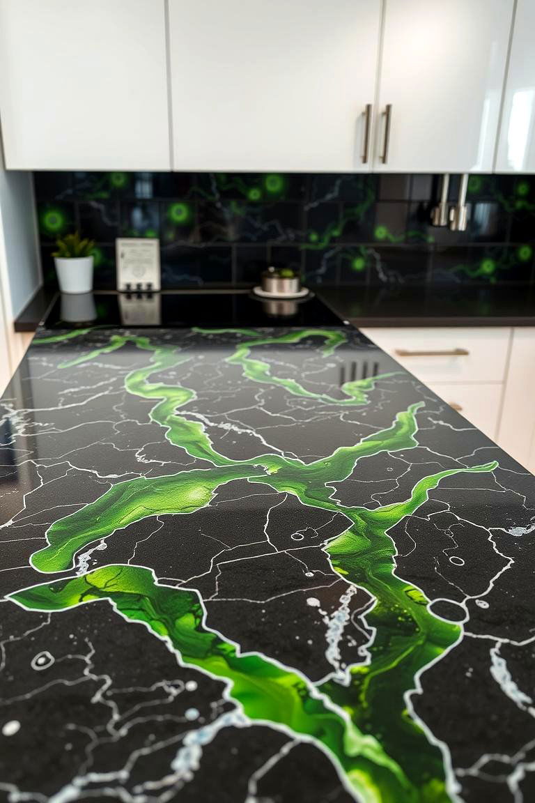 Black Mosaic Countertops with Green Infusions - 24 Black and Green Kitchen Ideas