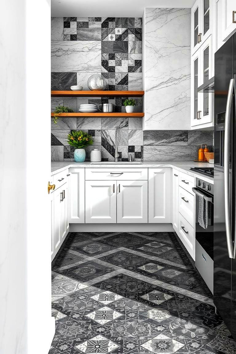 Black Mosaic Pattern Floor - 24 Black Floor Kitchen Ideas