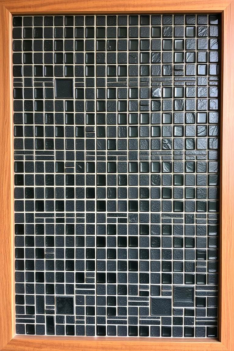 Black Mosaic Tile with Wood Frame Borders - 24 Black and Wood Bathroom Ideas