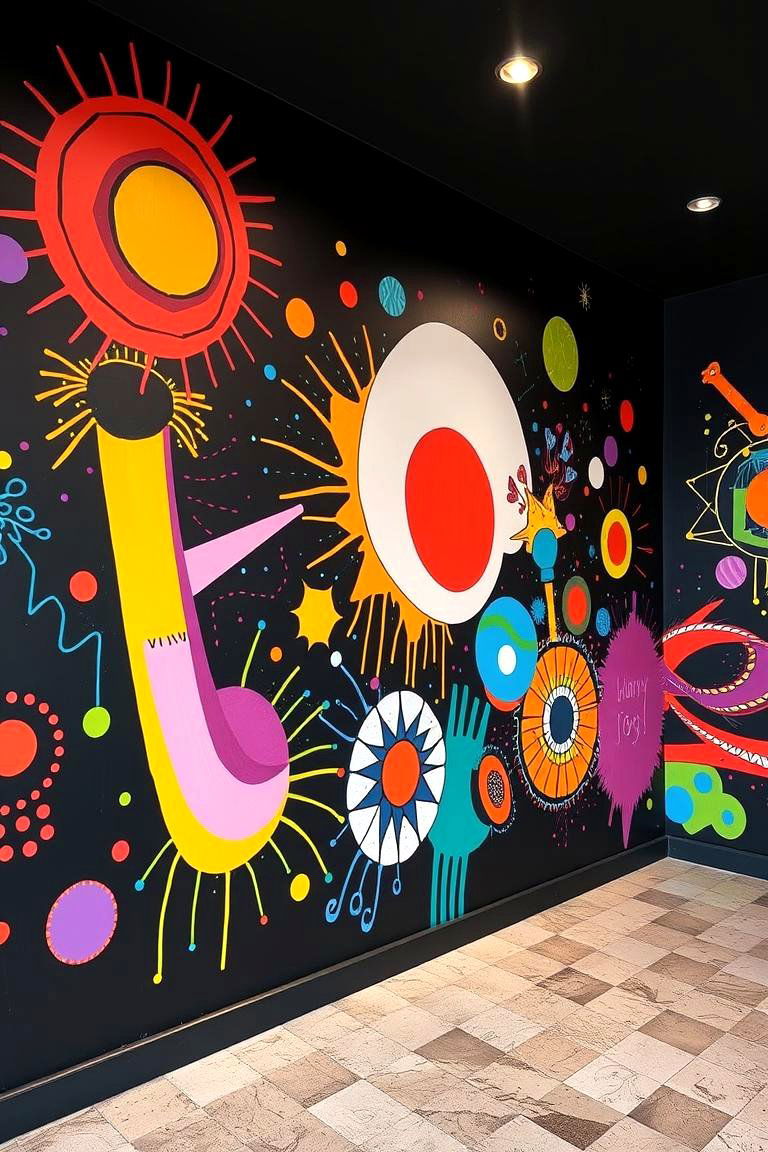 Black Mural with Vibrant Accents - 24 Black Accent Wall Ideas