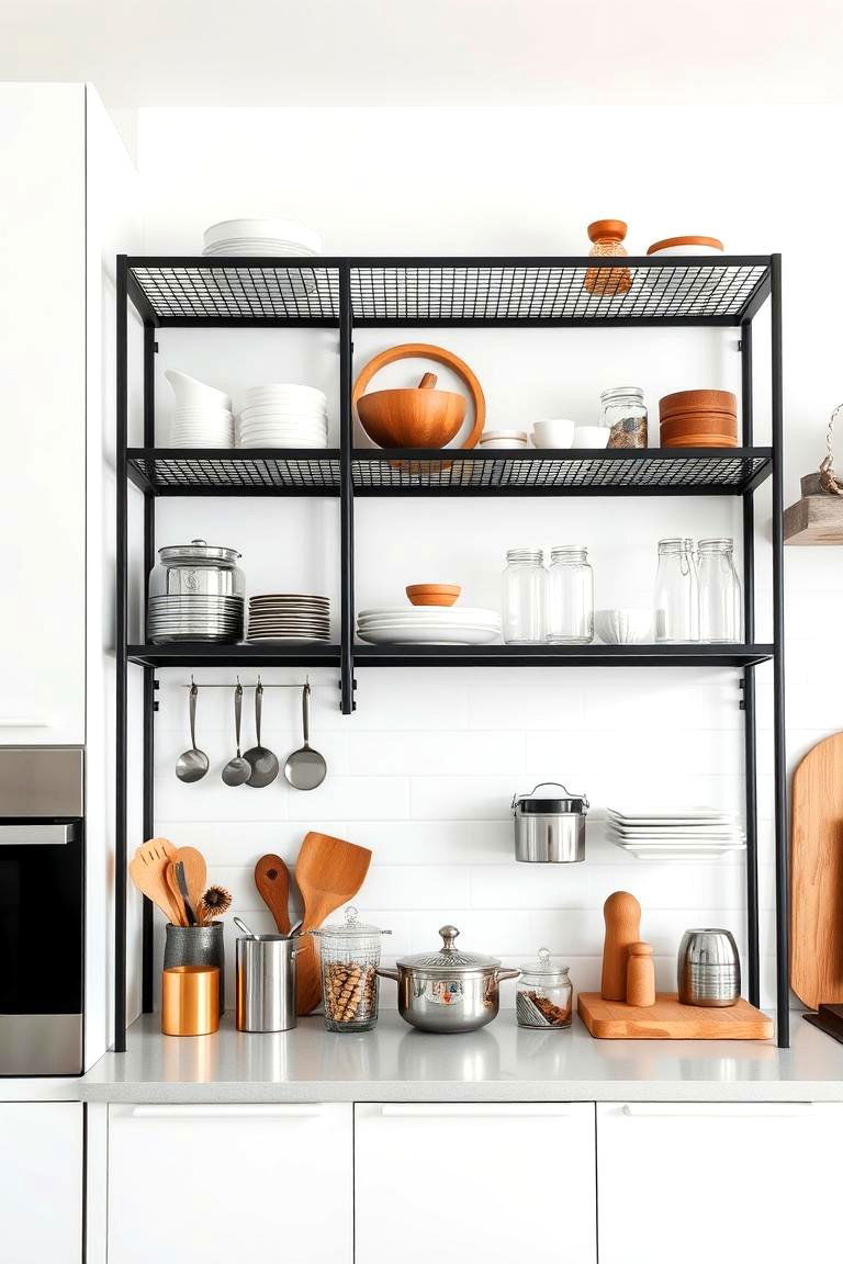Black Open Shelving Units Against a White Wall - 24 White Kitchen with Black Appliances Ideas