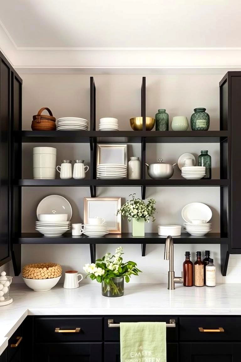 Black Open Shelving with Sage Green Accents - 24 Sage Green and Black Kitchen Ideas