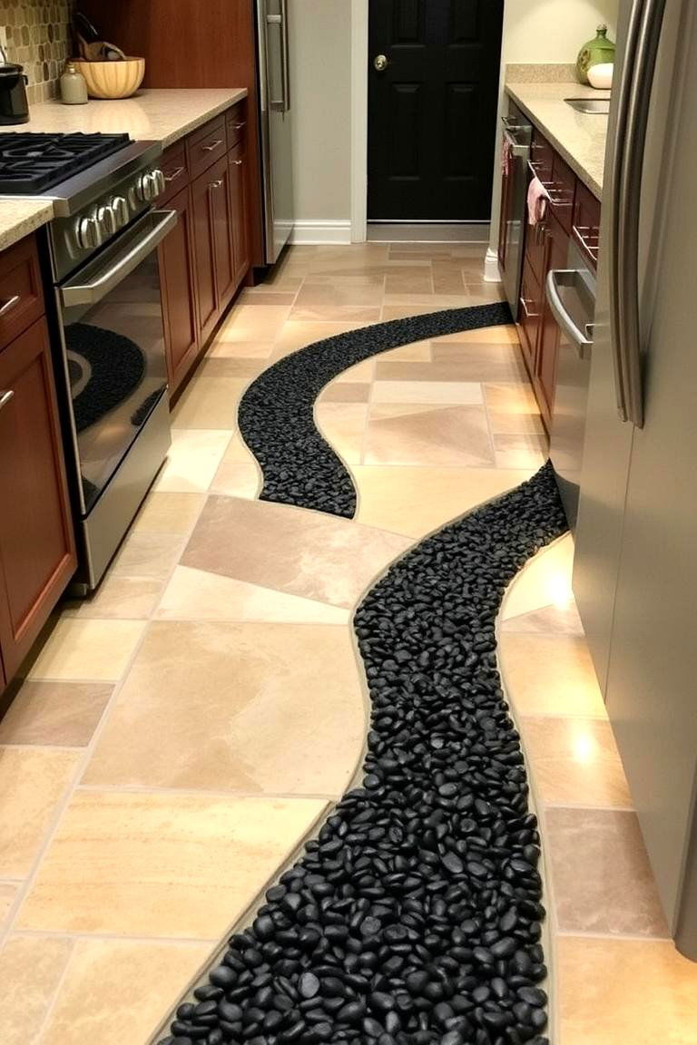 Black Pebble Accent Path - 24 Black Kitchen Floor Ideas