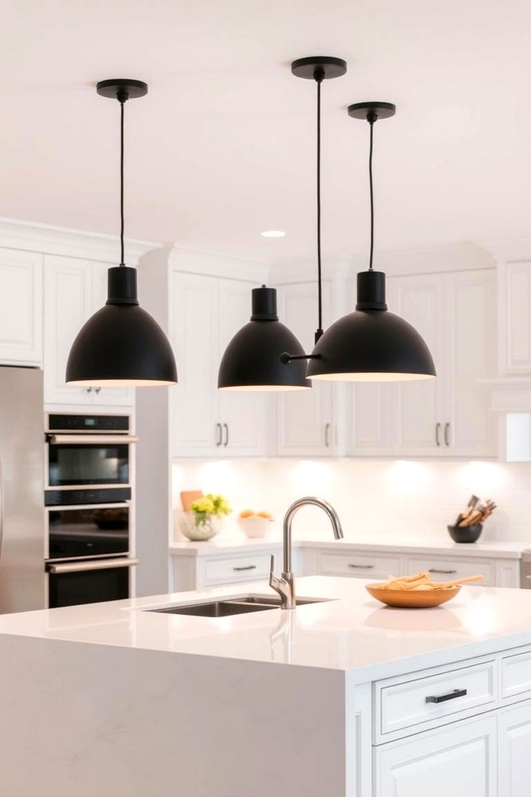 Black Pendant Lights Over a White Island - 24 White Kitchen with Black Appliances Ideas