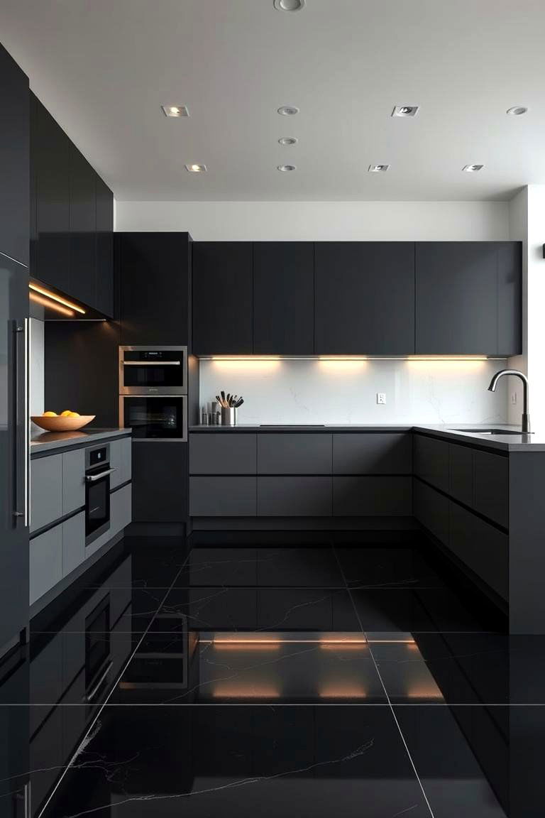 Black Porcelain Floor with Metallic Accents - 24 Black Floor Kitchen Ideas