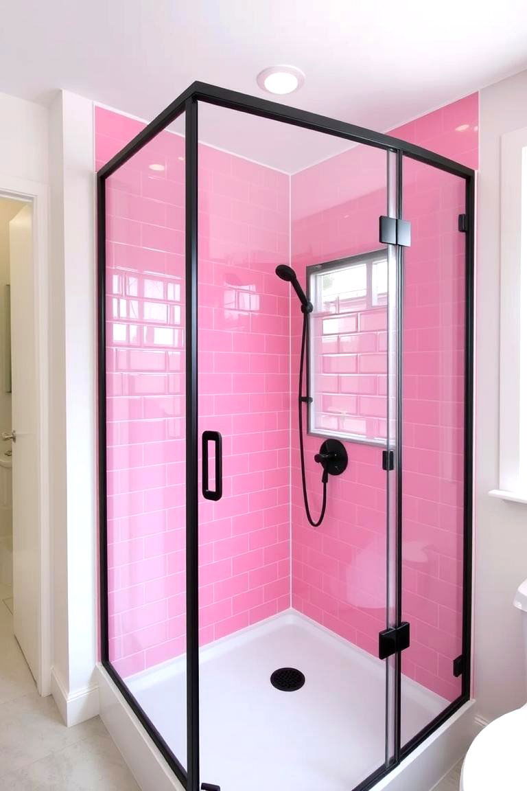 Black Shower Enclosure with Pink Tiles Inside - 24 Pink and Black Bathroom Ideas