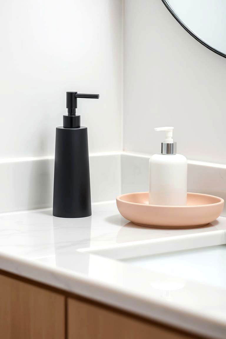 Black Soap Dispenser and Pink Tray - 24 Pink and Black Bathroom Ideas