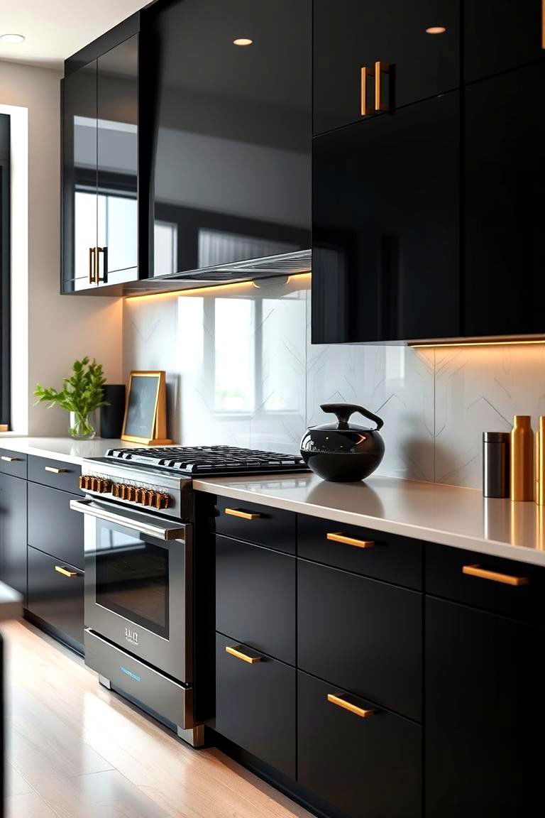 Black Stainless Steel Appliances with Gold Trim - 24 Black and Gold Kitchen Ideas