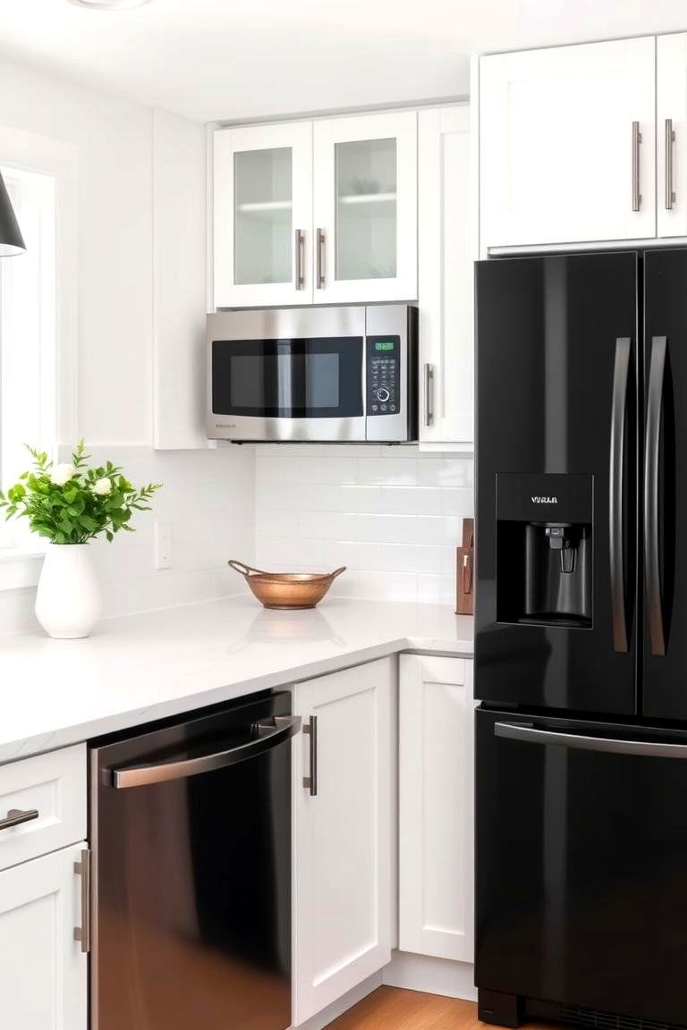 Black Stainless Steel Appliances with White Countertops - 24 White Kitchen with Black Appliances Ideas