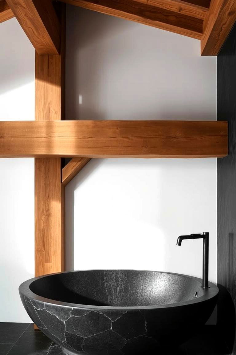 Black Stone Basin with Exposed Wood Beams - 24 Black and Wood Bathroom Ideas