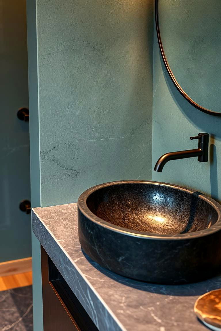 Black Stone Sink with Sage Green Surround - 24 Sage Green and Black Kitchen Ideas