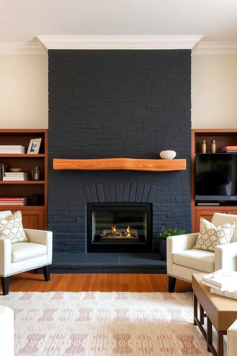 Black Stone with Warm Wood Mantel - 24 Floor-to-Ceiling Stone Fireplace Ideas