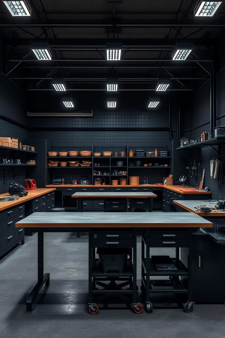 Black Themed Workshop Space - 24 Black Garage Ideas