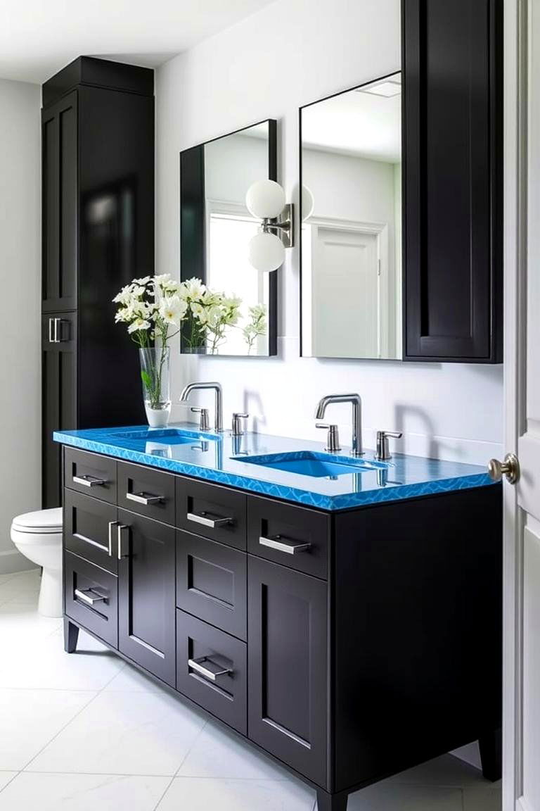 Black Vanity with Blue Countertops - 24 black and blue bathroom ideas