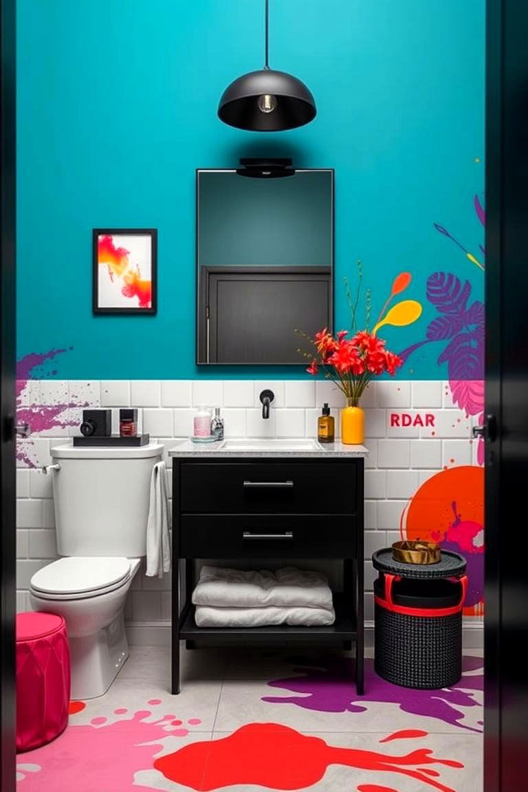 Black Vanity with Bold Contrasts and Color Accents - 24 Black Vanity Bathroom Ideas
