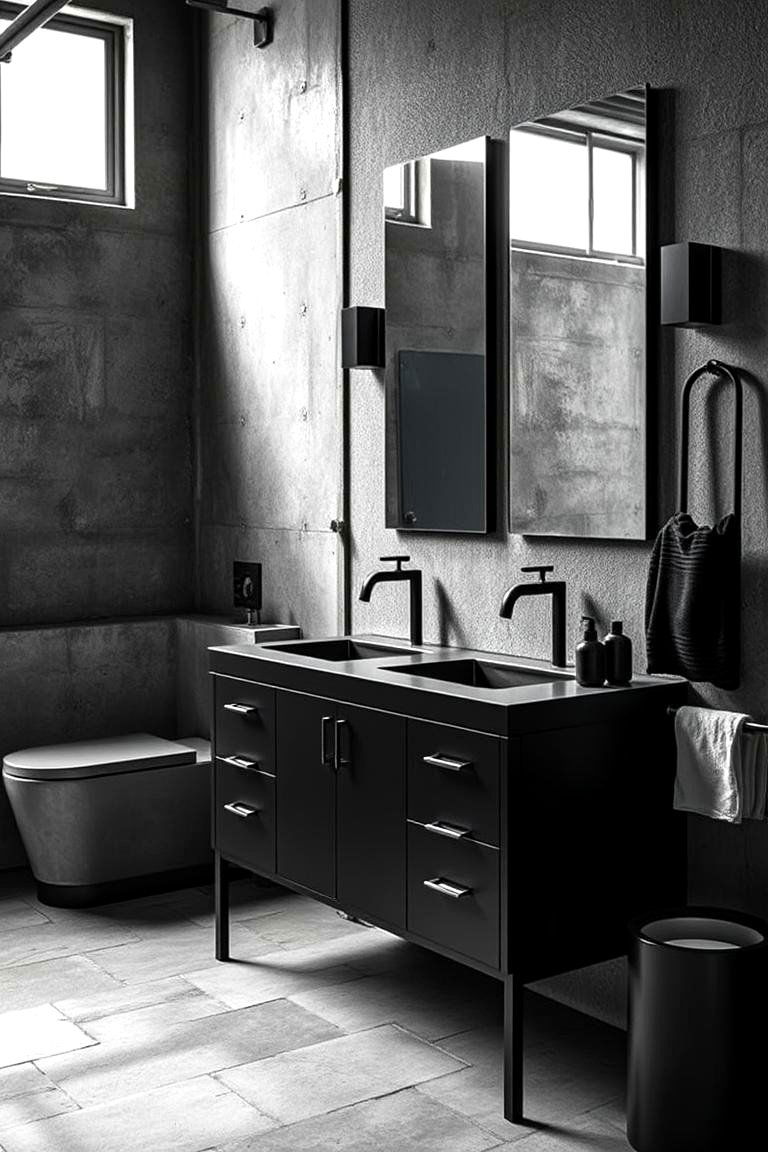 Black Vanity with Industrial Edge and Concrete - 24 Black Vanity Bathroom Ideas