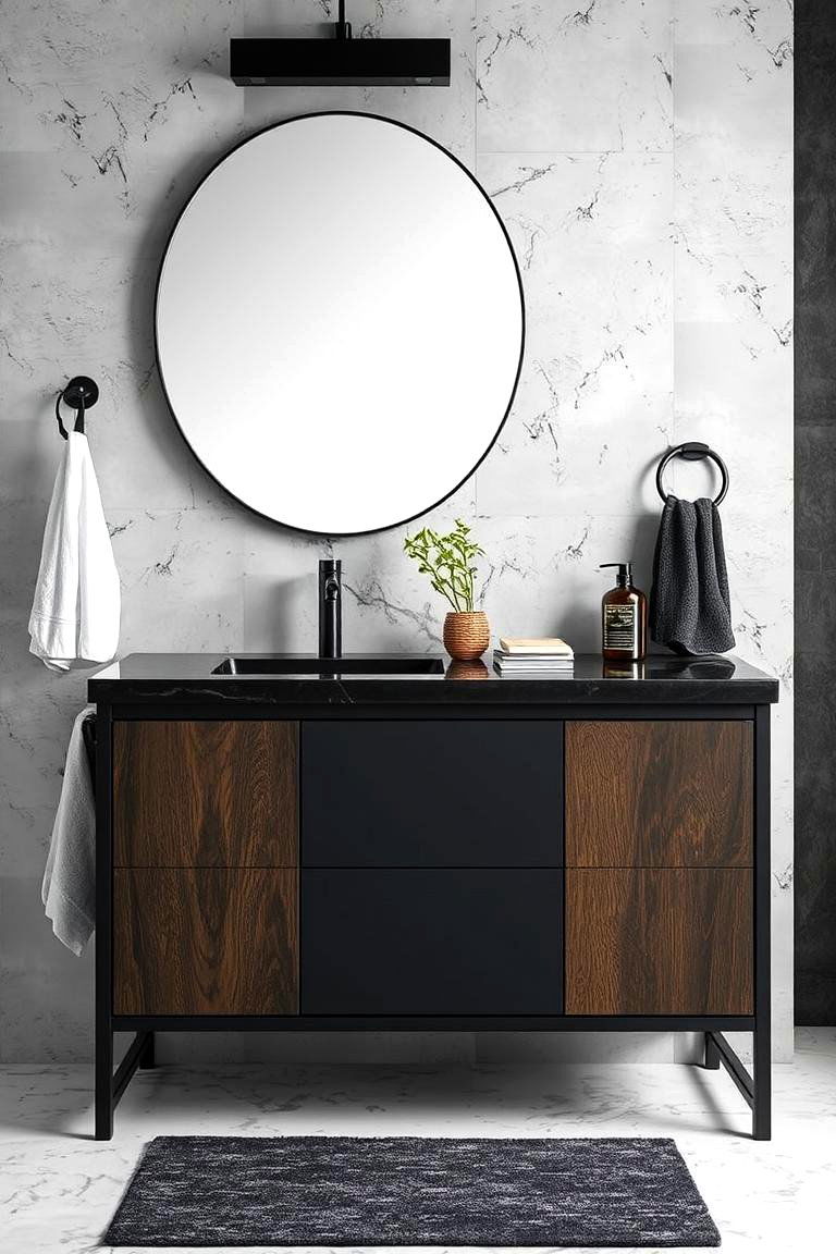Black Vanity with Mixed Textures and Metals - 24 Black Vanity Bathroom Ideas