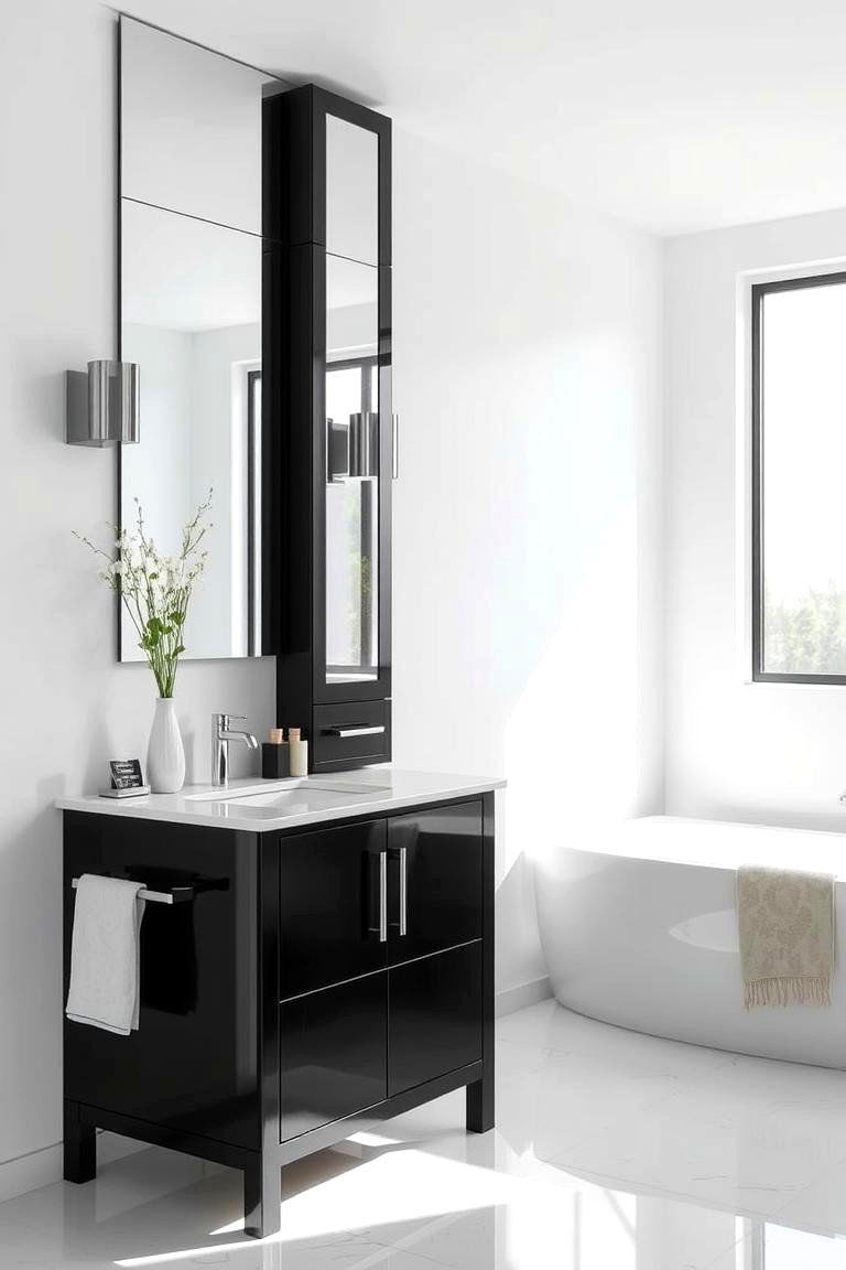 Black Vanity with Modern Glass Details - 24 Black Vanity Bathroom Ideas