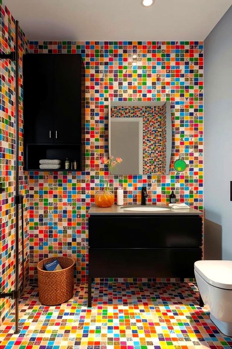 Black Vanity with Mosaic Tile Backdrop - 24 Black Vanity Bathroom Ideas